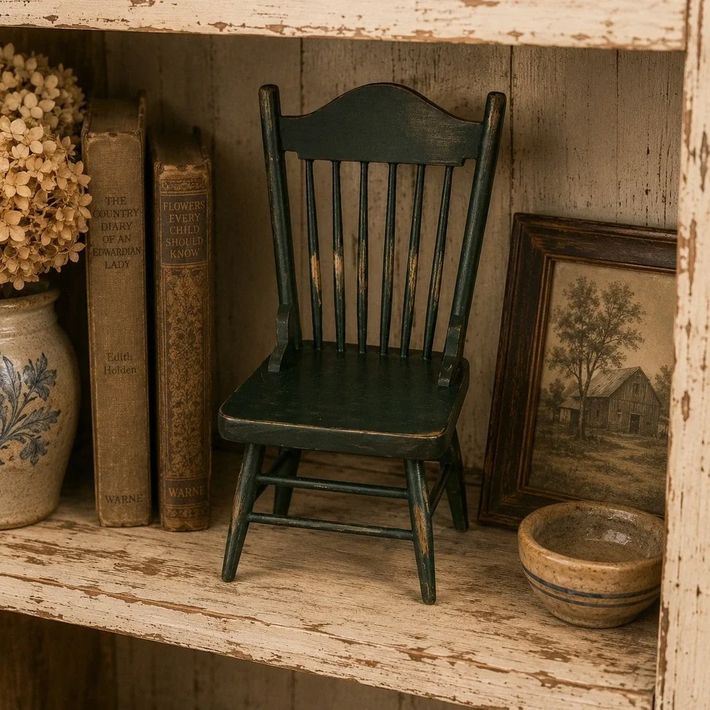 Vintage Miniature Wooden Spindle Back Chair Distressed Green Farmhouse Decor